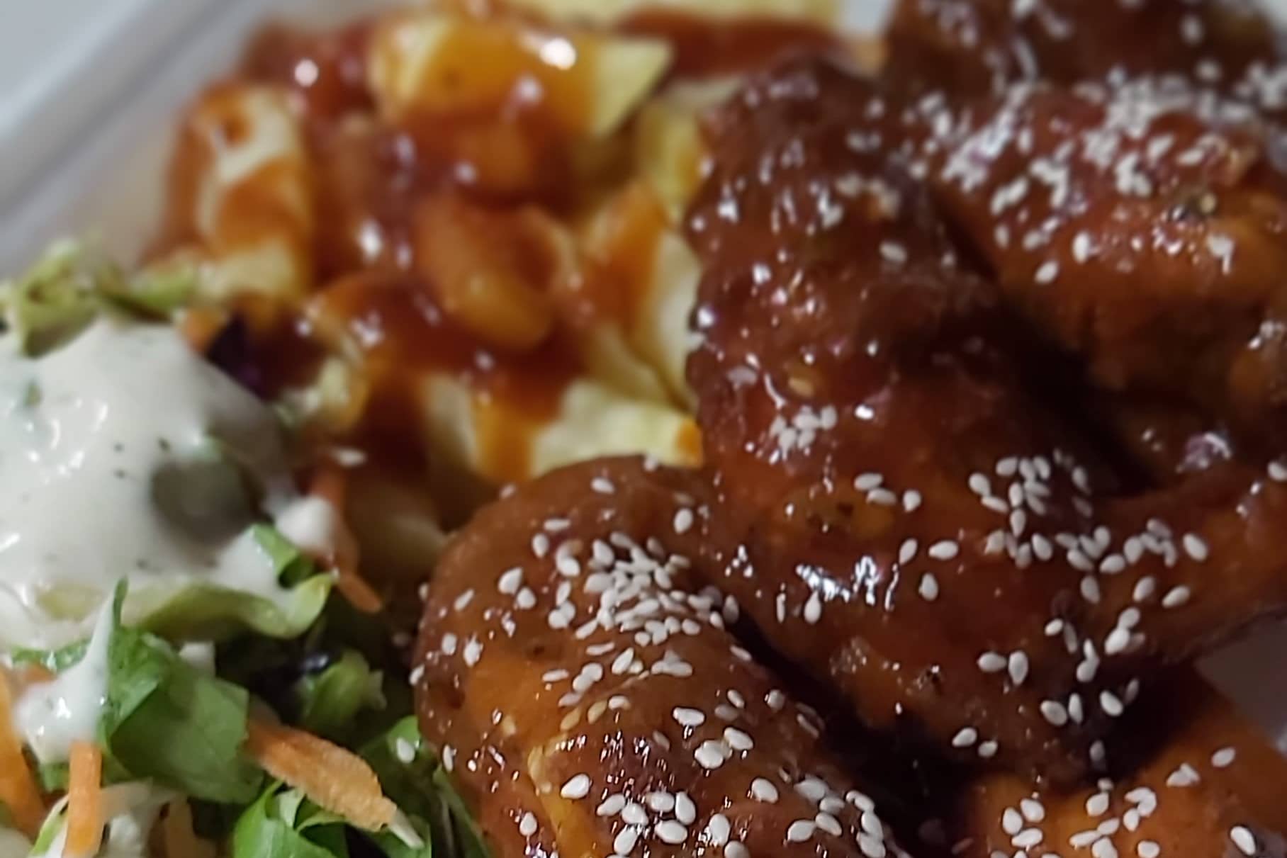 Honey Barbecue wings and fries