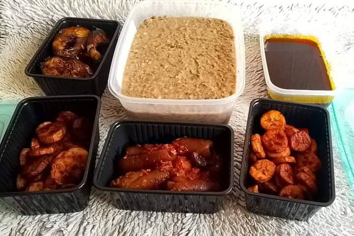 Ewa agoyin with plantain or yam