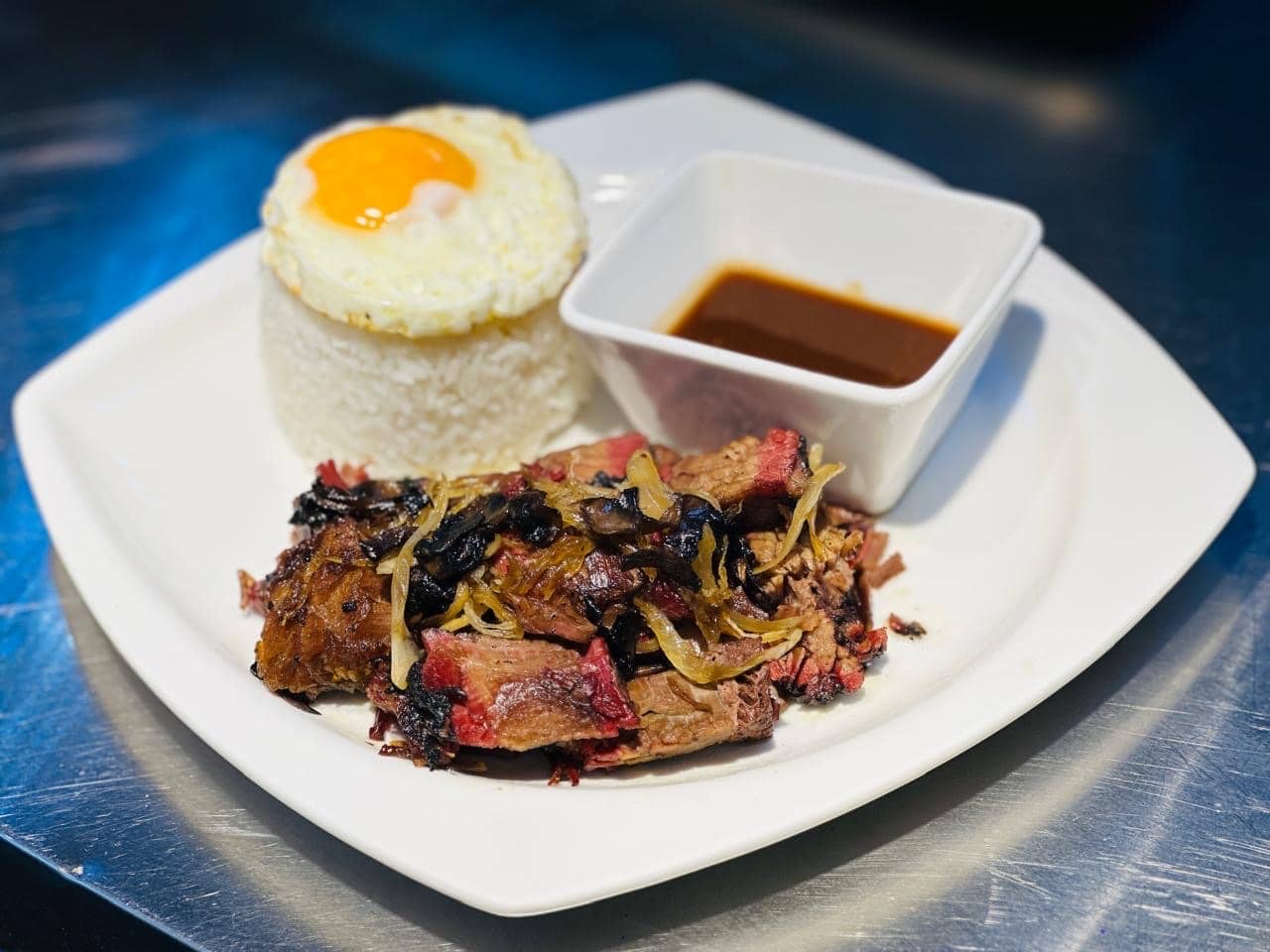 Smoked brisket with rice and egg