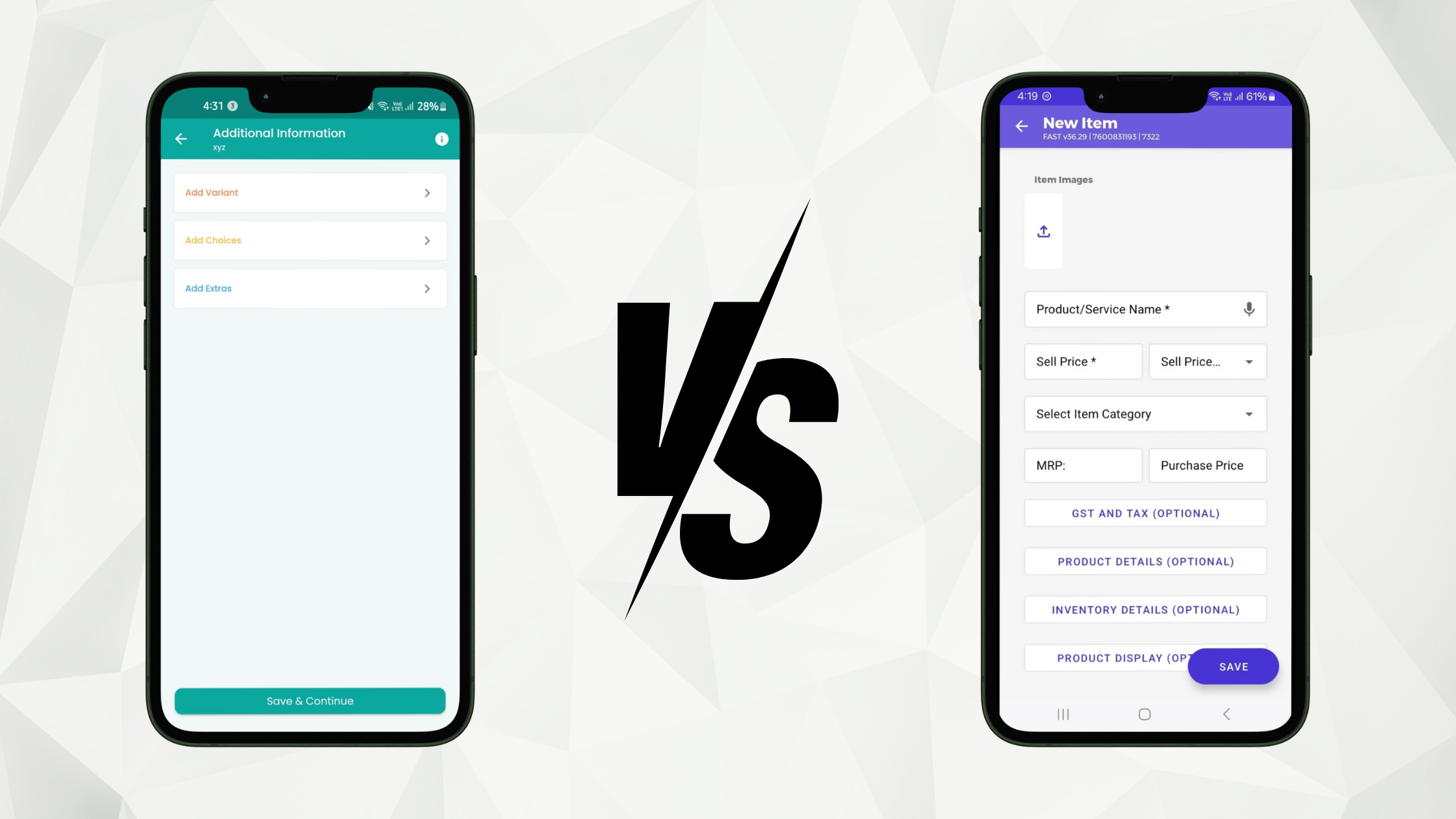 Phone mockup highlighting FoodChow’s customizable menu items with variants and extras, contrasted with Ezo POS's limited customization options.