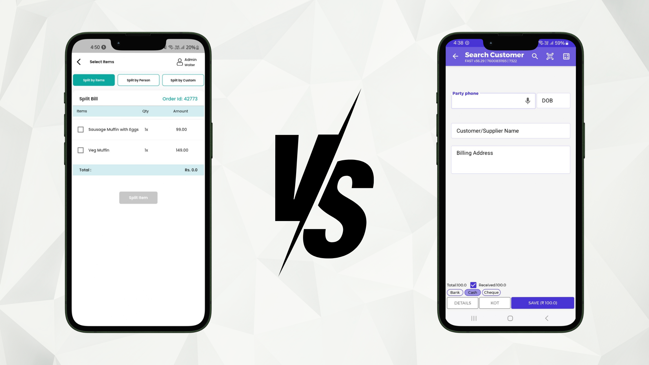 Phone mockup displaying FoodChow’s easy bill splitting feature for group orders, contrasted with Ezo POS's ineffective support for this function.
