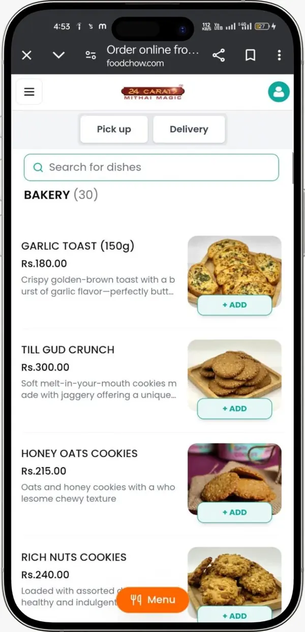 FoodChow commission-free online ordering menu for 24 Carats Mithai Magic Bakery