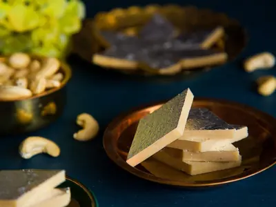 Kaju katri with silver leaf from the 24 Carats Sweets online store, India