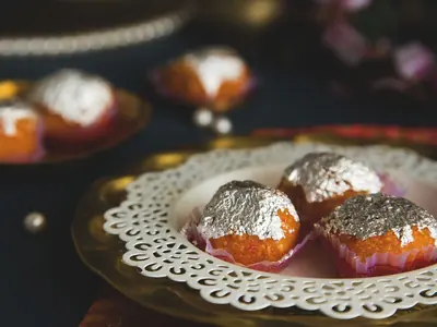 Silver-leaf Motichur Laddu from the 24 Carats Sweets online store, India