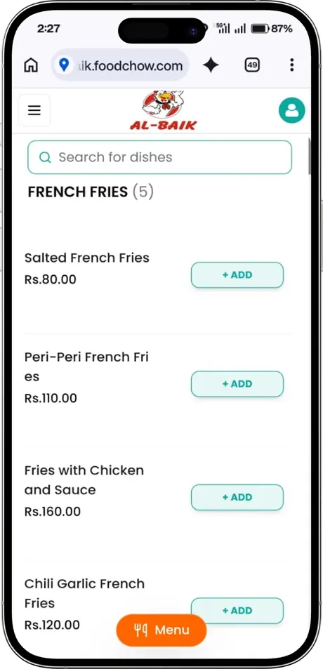 AL-BAIK FoodChow menu on a phone, showing French Fries