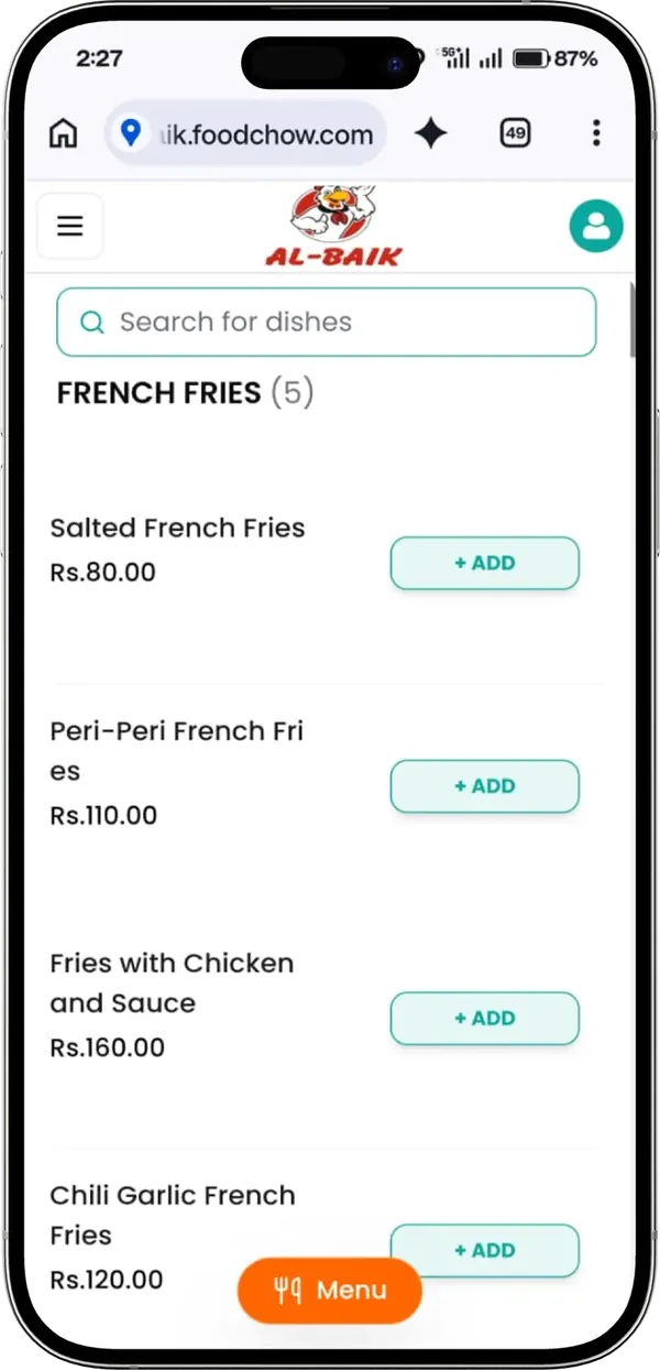 French Fries menu with prices in rupees on the AL-BAIK FoodChow menu