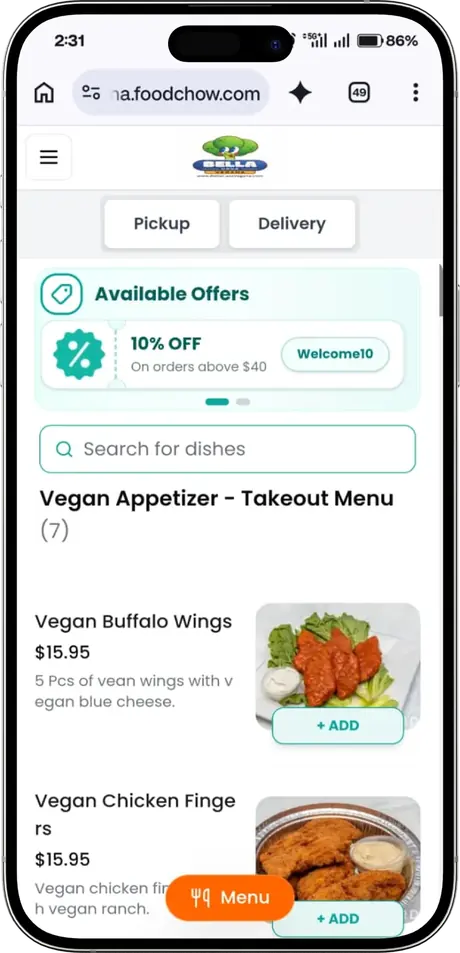 Bella Casa Vegana FoodChow store on a phone, with Pickup and Delivery and a 10% off Welcome10 offer