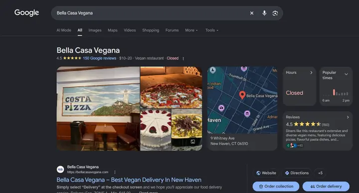 Google search for Bella Casa Vegana showing 4.5 stars from 150 reviews with Order collection and Order delivery buttons