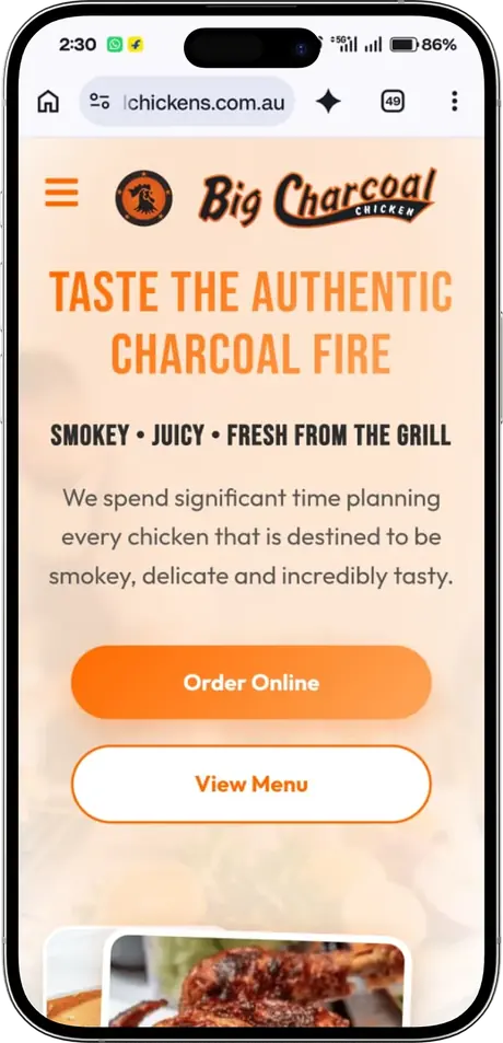bigcharcoalchickens.com.au on a phone, with Order Online and View Menu buttons