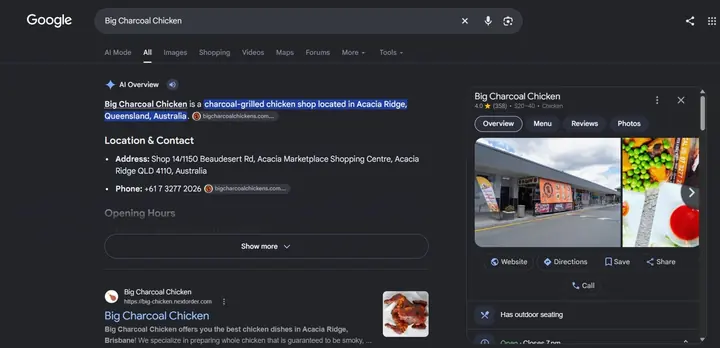Google search for Big Charcoal Chicken showing its business profile with a 4.0 rating from 358 reviews