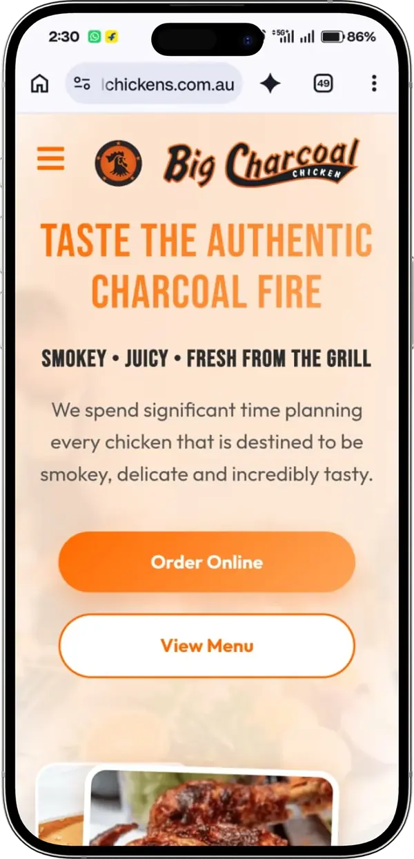 Big Charcoal Chicken website on a phone, with Order Online and View Menu buttons
