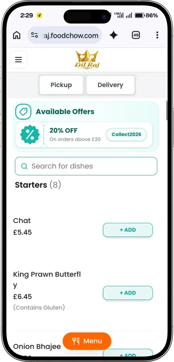 Dil Raj FoodChow menu on a phone, showing Pickup and Delivery, the Collect2026 offer and starters