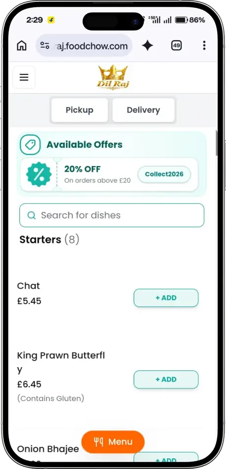 Dil Raj FoodChow store on a phone, with Pickup and Delivery and a 20% off offer on orders above £20