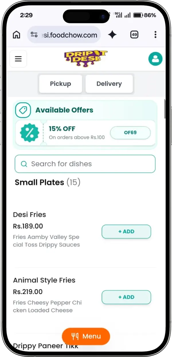 Small Plates menu with prices in rupees on the Drip It Desi FoodChow menu