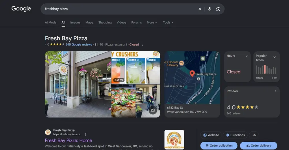 Google search showing the Fresh Bay Pizza Business Profile with Order Now links, Canada