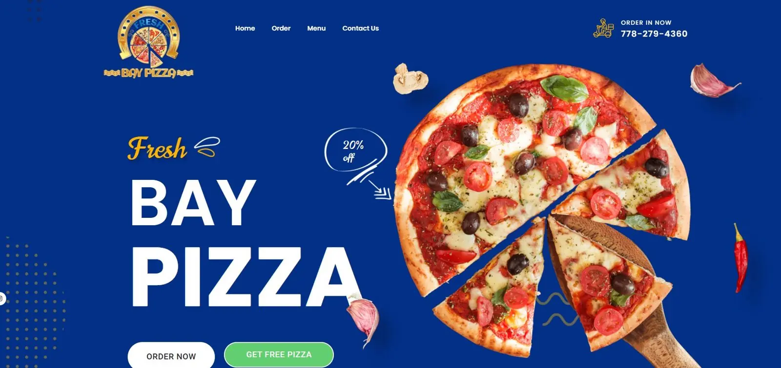 Pizzeria website with online ordering for Fresh Bay Pizza, Canada, built by FoodChow