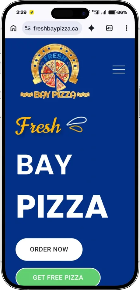 Fresh Bay Pizza website on mobile, with Order Now and Get Free Pizza buttons