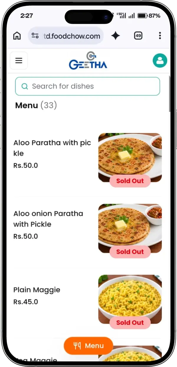 Geetha Hospitality campus food online ordering menu on a phone, with aloo paratha and Maggi