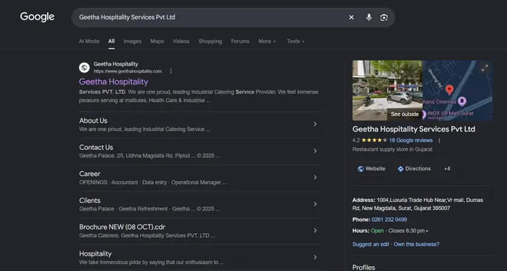 Google search for Geetha Hospitality Services Pvt Ltd showing geethahospitality.com and a 4.2 rating from 18 reviews