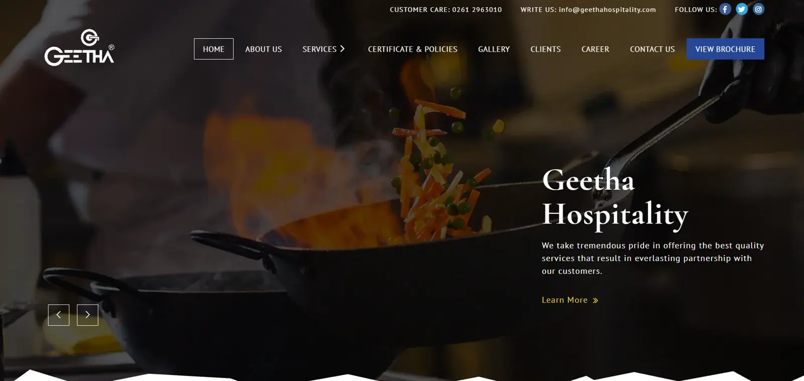 Geetha Hospitality Services website, campus food service in India with online ordering and POS by FoodChow