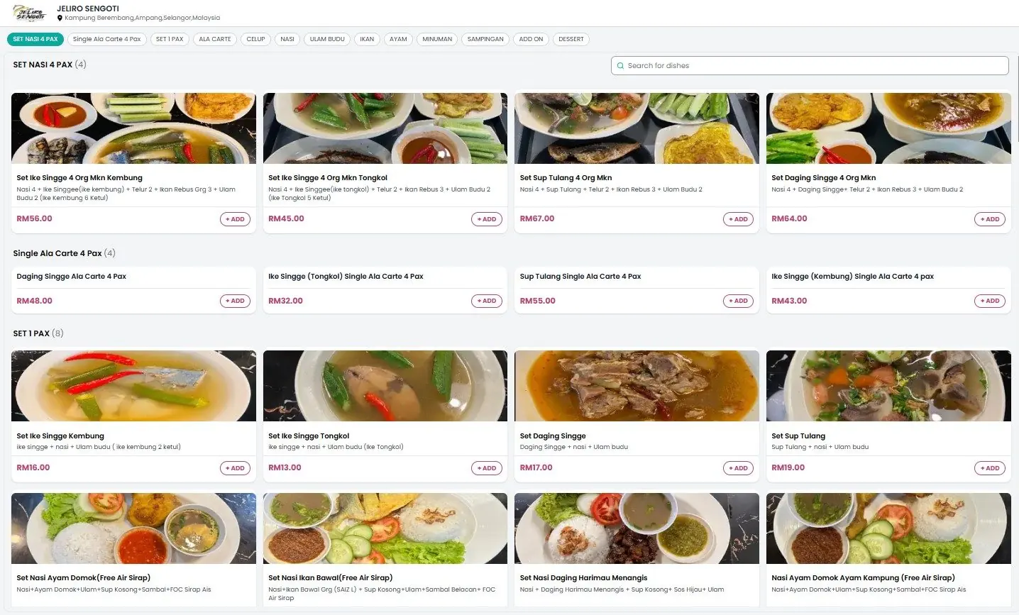 Cafe online ordering store for Jeliro Sengoti, Malaysia, on FoodChow with Set Nasi 4 Pax and single sets