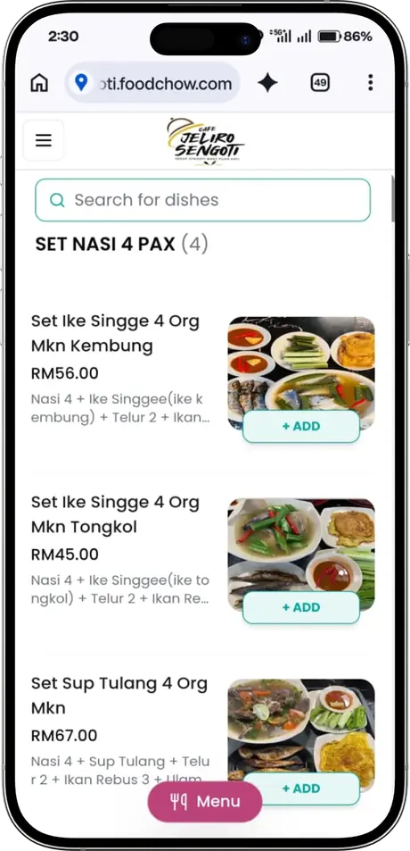 Jeliro Sengoti FoodChow store on a phone, showing the Set Nasi 4 Pax menu