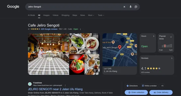Google search for Jeliro Sengoti showing the cafe profile with a 4.1 rating from 425 reviews and the FoodChow page