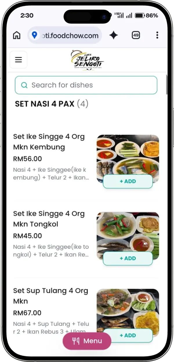 Set Nasi 4 Pax menu on the Jeliro Sengoti FoodChow store, mobile view