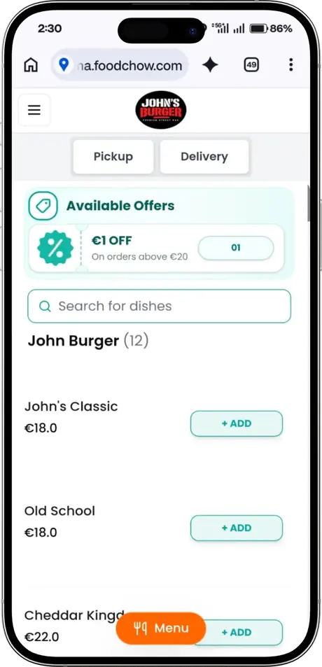 John’s Burger FoodChow menu on a phone, with Pickup and Delivery options