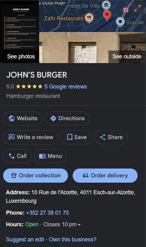 Google Business Profile for John’s Burger, a hamburger restaurant in Esch-sur-Alzette, Luxembourg