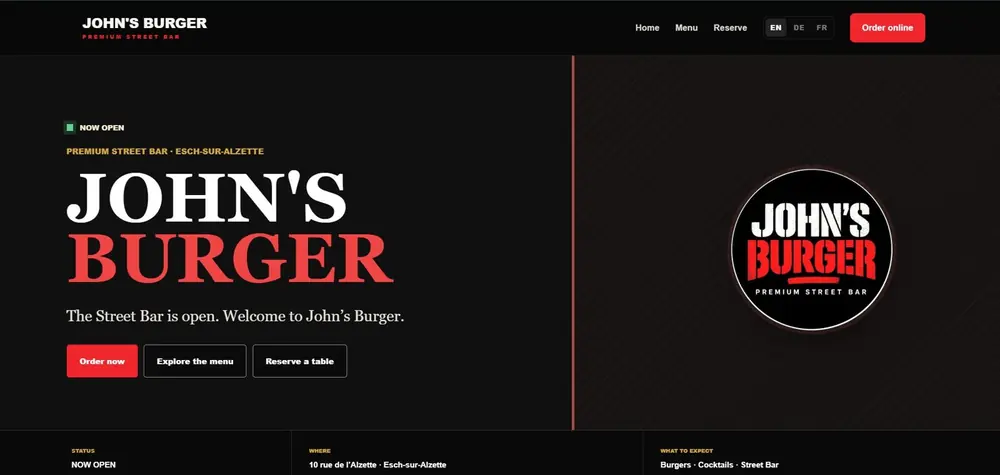 John’s Burger website homepage with Order now, Explore the menu and Reserve a table buttons