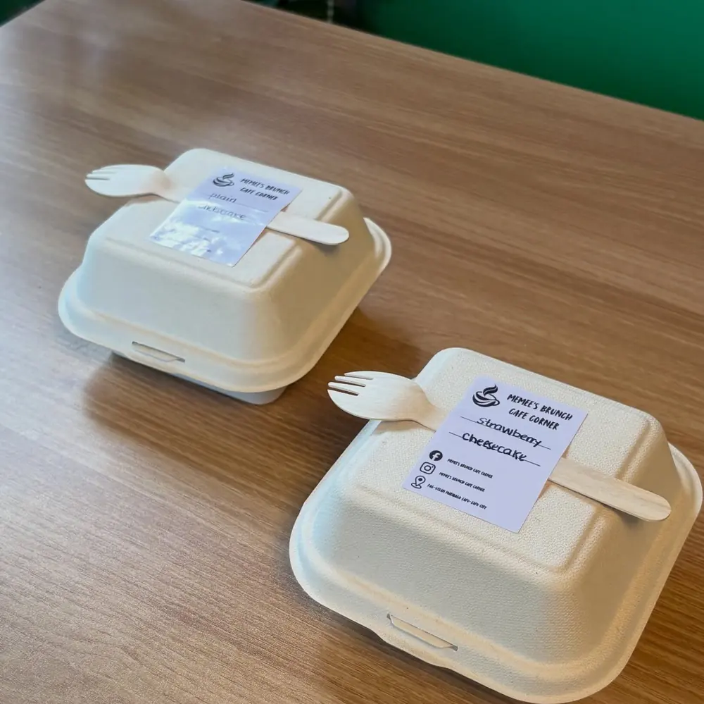 Plain and strawberry bento cheesecakes in takeaway boxes from Memees Brunch Cafe Corner, Lapu-Lapu, Philippines