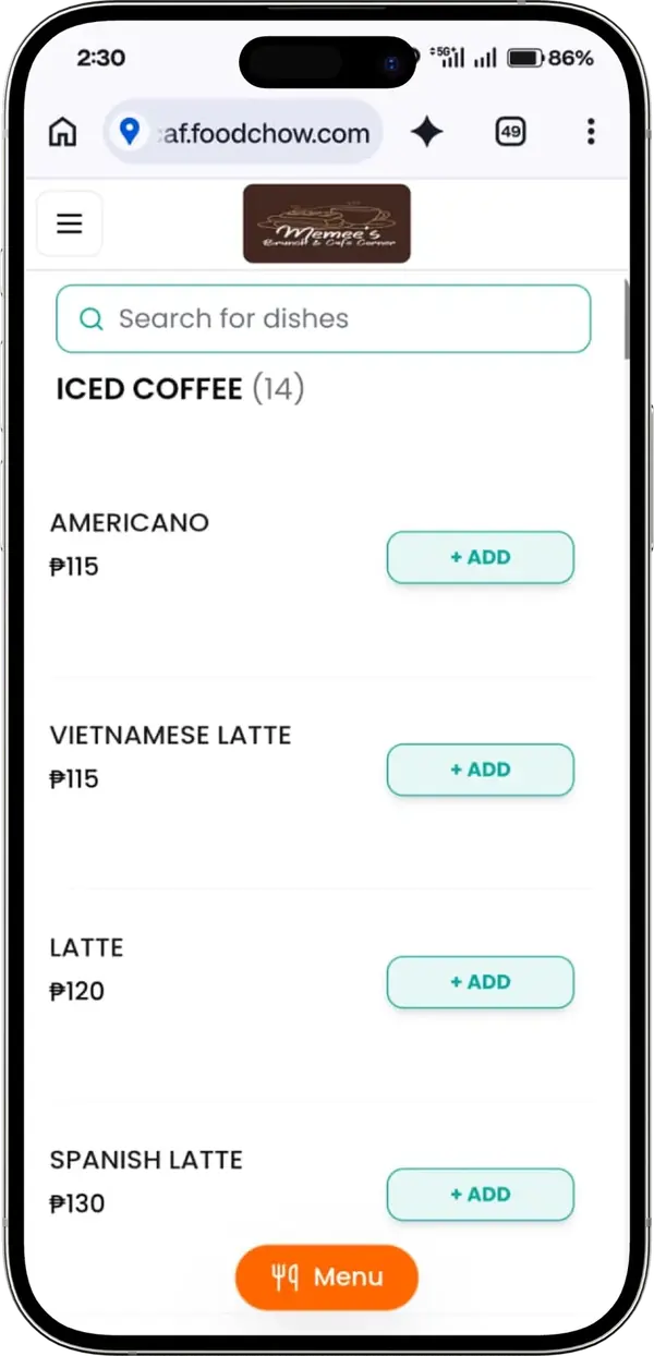 Iced coffee menu with prices in pesos on the Memees Brunch Cafe Corner FoodChow store