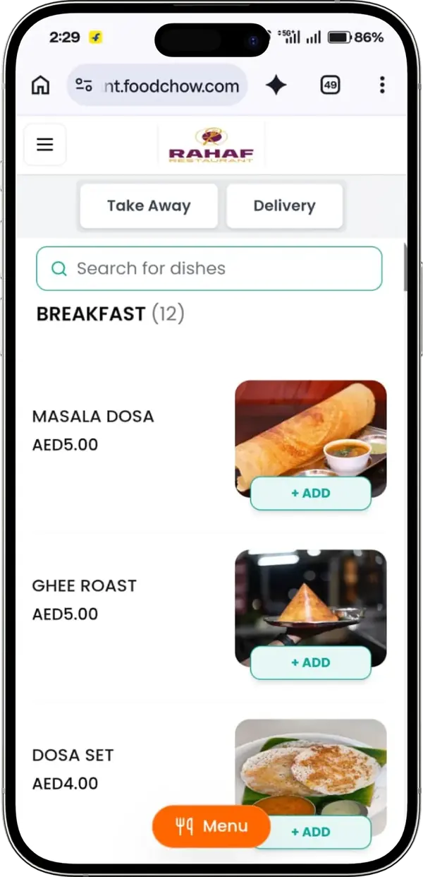 Breakfast menu with masala dosa, ghee roast and dosa set on the Rahaf Restaurant FoodChow menu