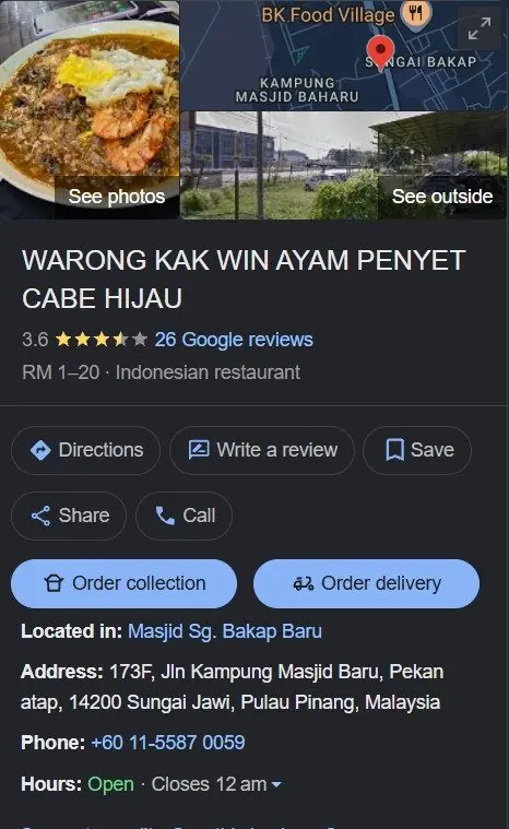 Google Business Profile for Warong Kak Win Ayam Penyet Cabe Hijau in Sungai Bakap, Malaysia