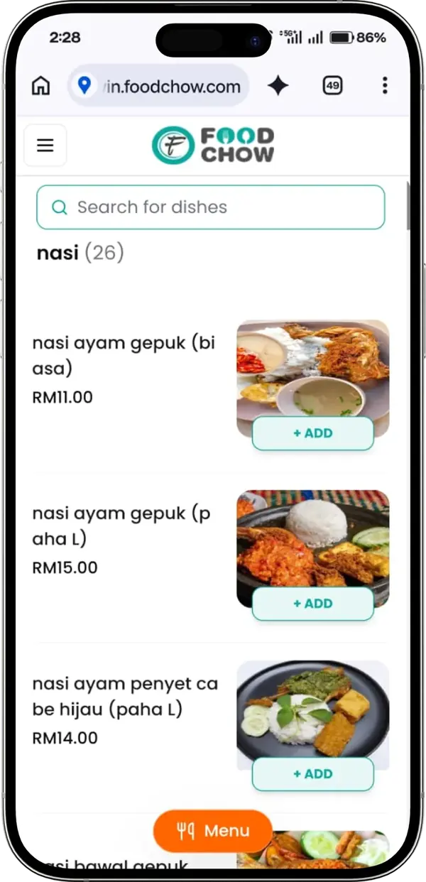 Nasi ayam gepuk and nasi ayam penyet cabe hijau with prices in RM on the Warung Kak Win FoodChow menu