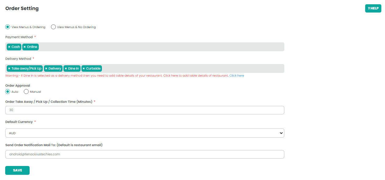 Order Setting Form